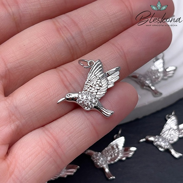 20,5*25 мм Цвет серебро, Подвеска Колибри с цирконами 
