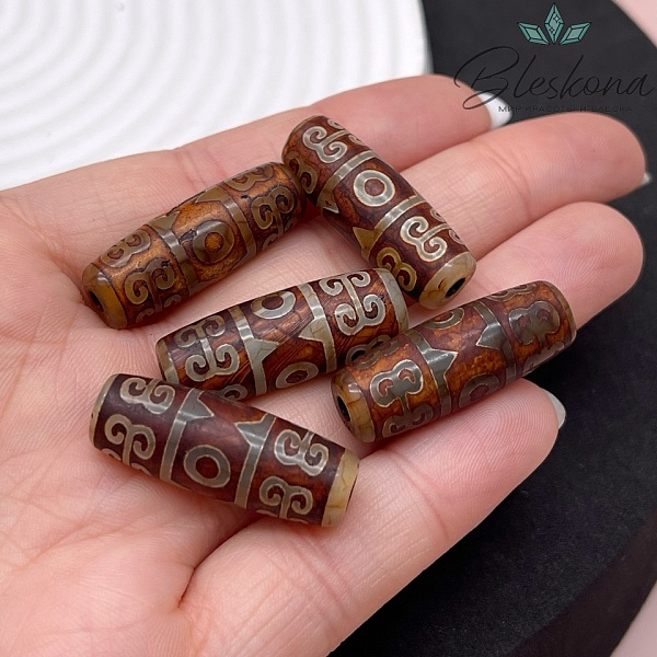 Бусина Дзи 3 глаза Вены Дракона коричневый бочонок 30*11 мм
