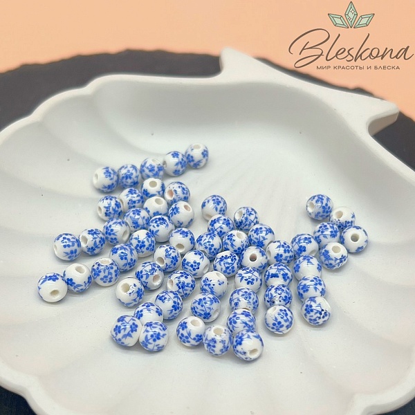 6 мм Керамика Бусина роспись гжель №2 (штучно)