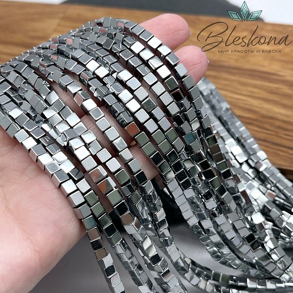 4 мм Гематин имитация, цвет темное серебро, куб