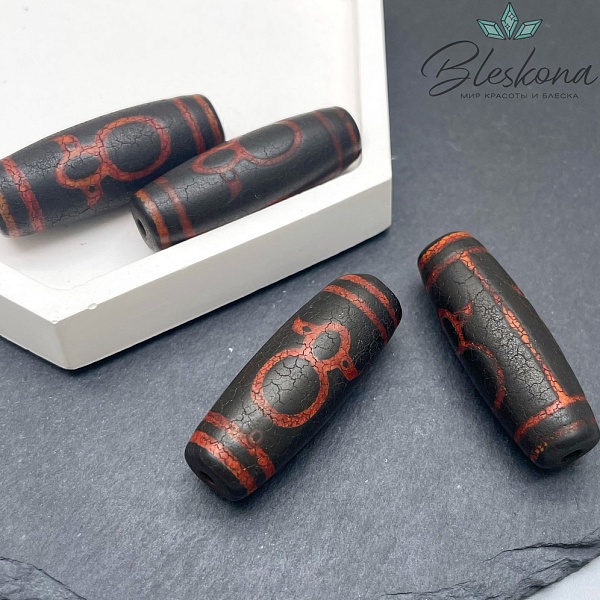 Бусина Дзи Кубера красно-черный бочонок 40*14 мм
