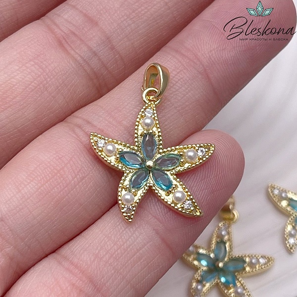22*20 мм Цвет золото, Подвеска морская звезда голубые цирконы 