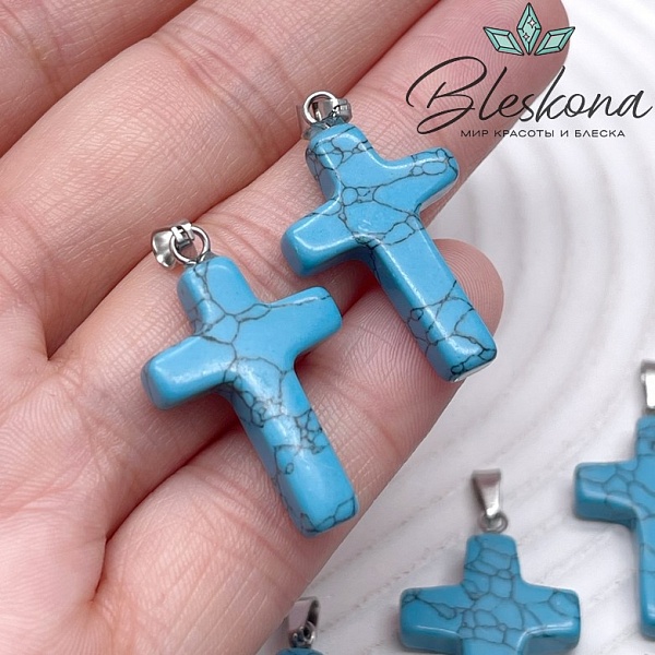 Подвеска крест Бирюза имитация (говлит) №1, цвет серебро 28*18 мм