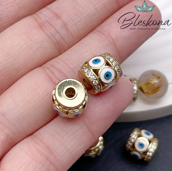 10,5*11 мм Цвет золото, Бусина бочонок глаза цирконы голубая эмаль