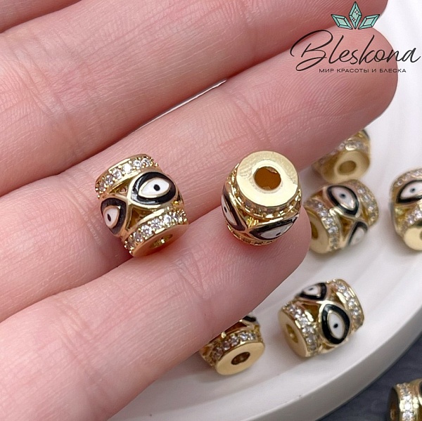10*9,5 мм Цвет золото, Бусина бочонок глаза цирконы черная эмаль