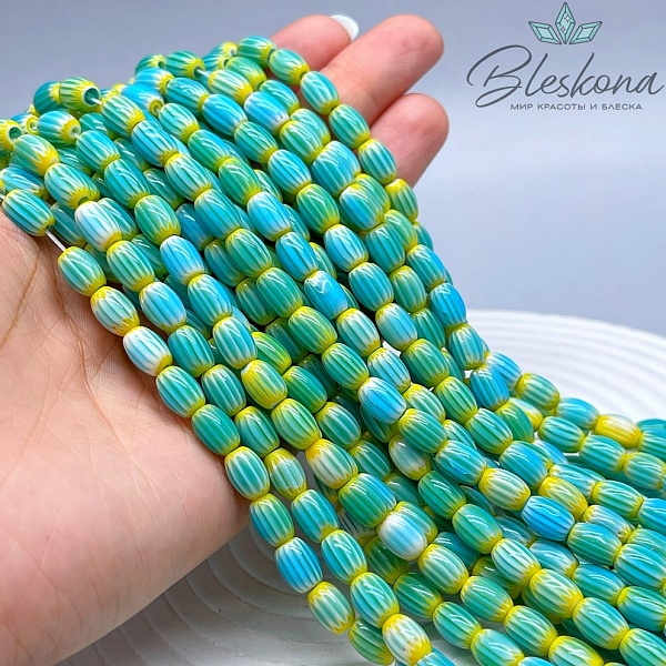 Муранское стекло бочата желто- бирюзовые, полосы 9*6 мм