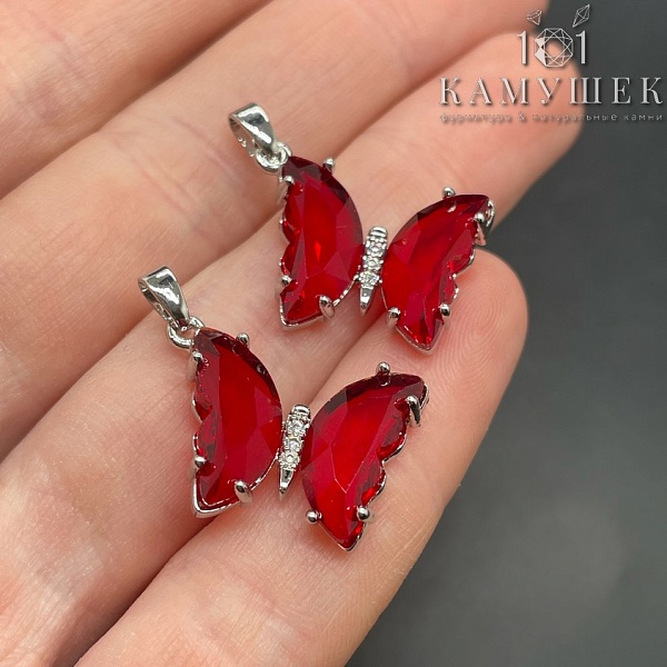 16*22мм, Цвет серебро, Подвеска Бабочка красное стекло