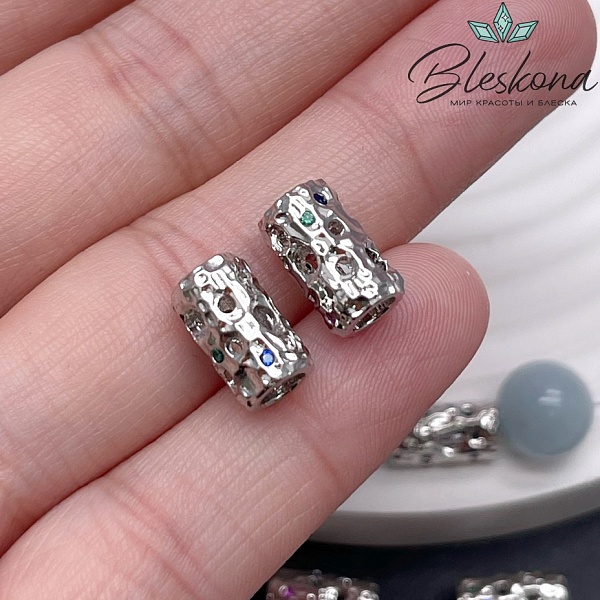 11,4*6,5 мм Цвет серебро, Бусина цилиндр цветные цирконы