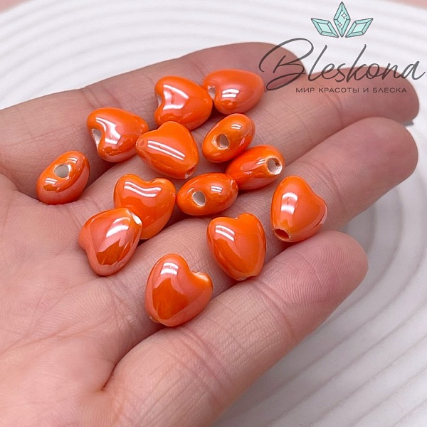 10 мм Бусина сердце, керамика цвет оранжевый