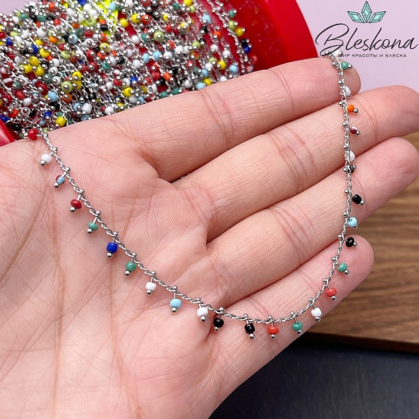 Цепь №163 цвет серебро, бусины 2,8*2 мм 