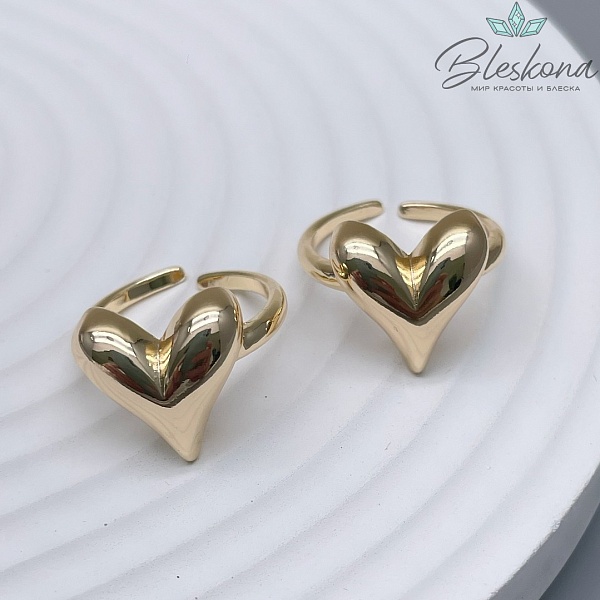 Кольцо регулируемое сердце, Цвет золото 15мм