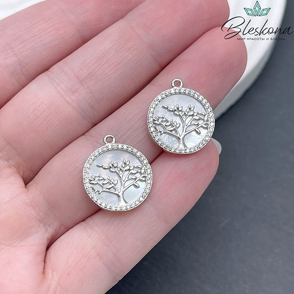 15 мм Цвет серебро, Подвеска Дерево перламутр круг цирконы