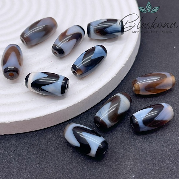 Бусина Дзи тигриный клык бело-черный бочонок 20*11 мм