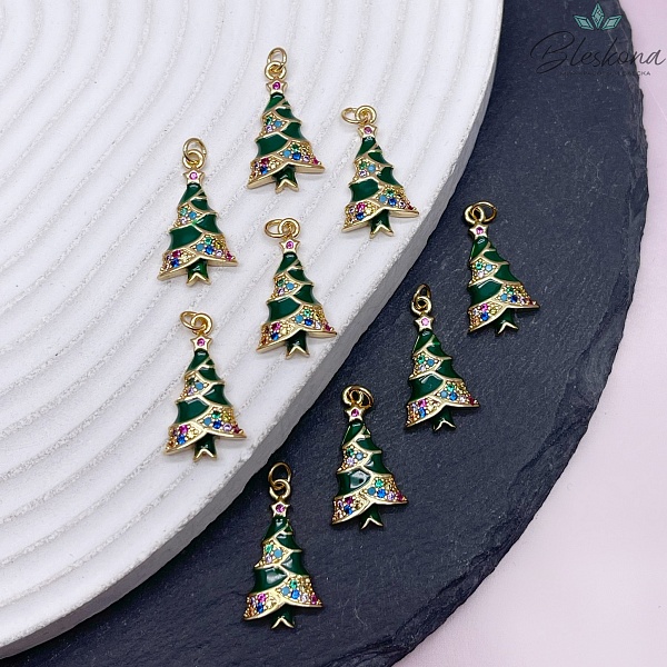 20*10 мм, Цвет золото, Подвеска Елка цирконы зеленая эмаль