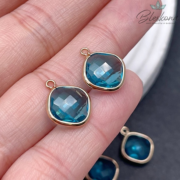12 мм, цвет золото, Подвеска ромб стекло голубое