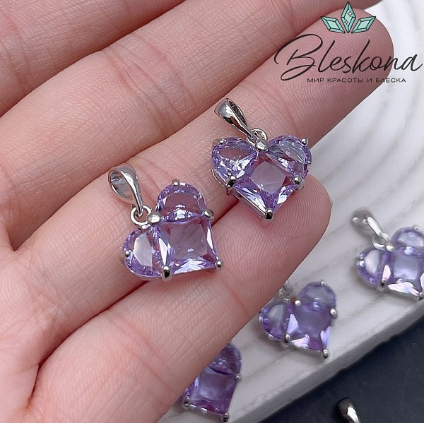 14,5*14 мм Цвет серебро, Подвеска Сердце сиреневые цирконы