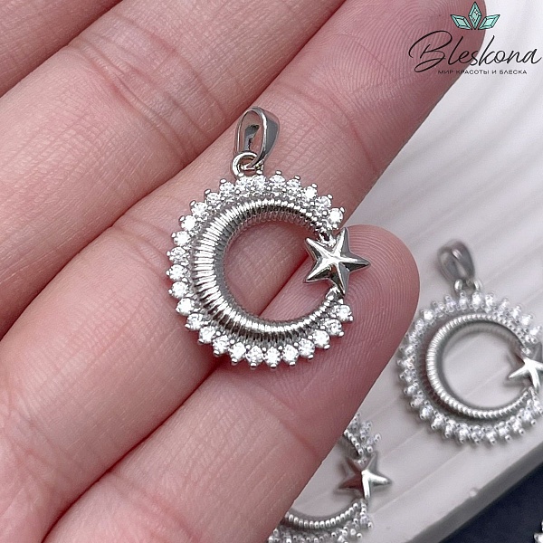 21*19,5 мм Цвет серебро, Подвеска полумесяц со звездочкой цирконы