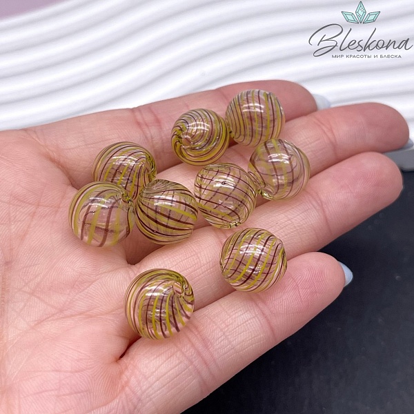 14 мм Бусина шар стекло прозрачное желто-коричневые полосы