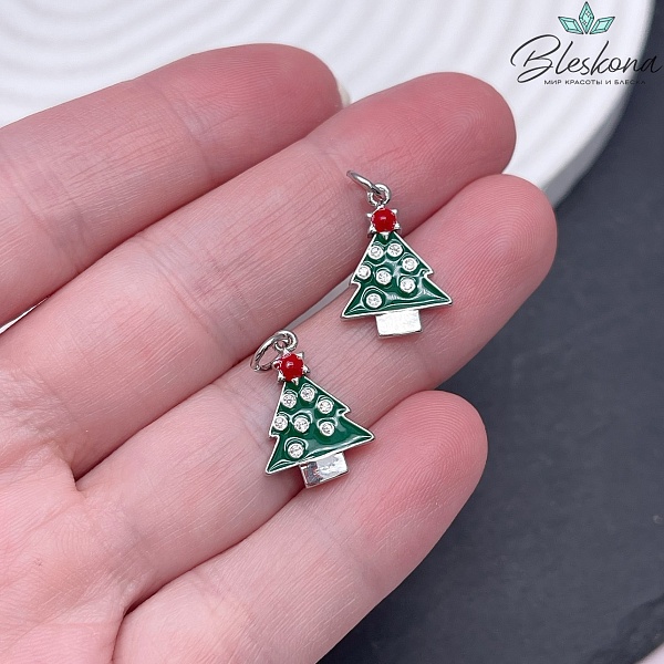 16,5*12 мм Цвет серебро, Подвеска Елка зеленая эмаль