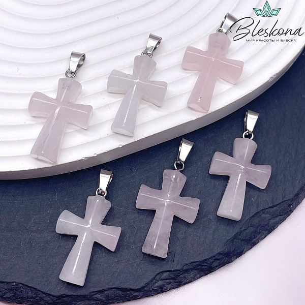 Подвеска крест Розовый кварц 28*17,5 мм