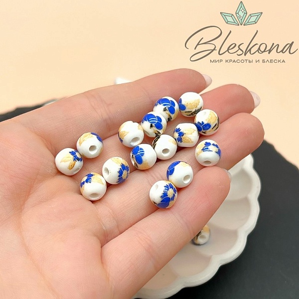 8 мм Керамика Бусина роспись гжель №22 (штучно)