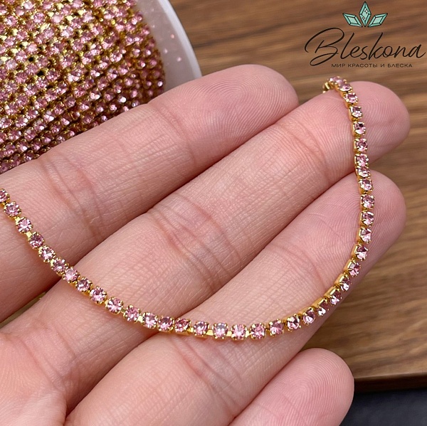 Цепь №310-1 цвет золото, стразовая лента розовые цирконы 2 мм