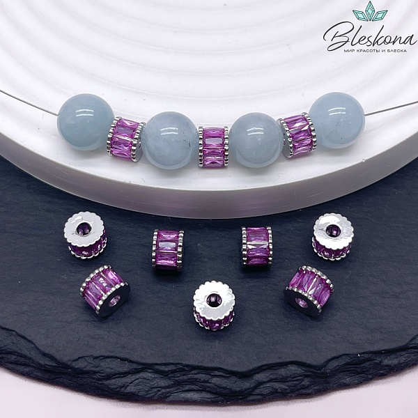 7*5 мм Цвет серебро, Бусина - разделитель малиновый циркон