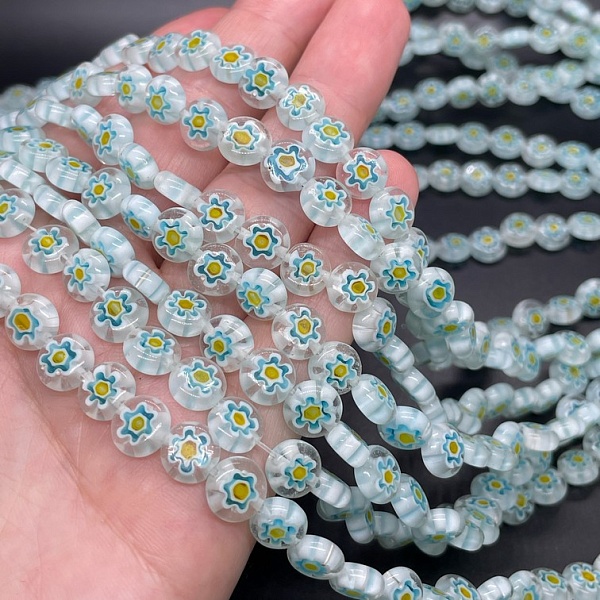 Муранское стекло голубое круг цветок  8 мм