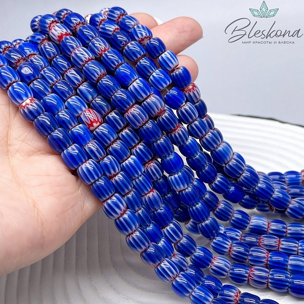 Муранское стекло бочата красно- синие, полосы 7*8 мм