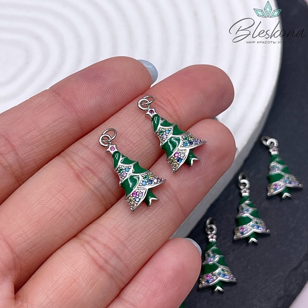 20*10 мм, Цвет серебро, Подвеска Елка цирконы зеленая эмаль