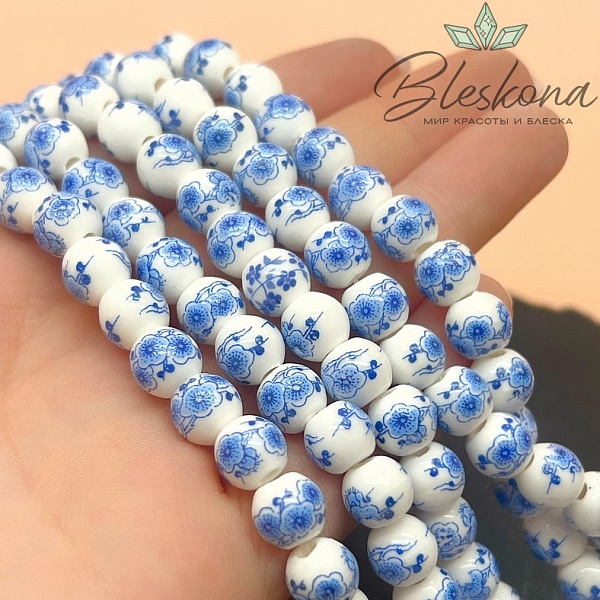 8 мм Керамика Бусина роспись гжель №3