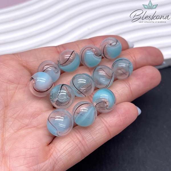 13 мм Бусина шар стекло прозрачно-голубое коричневые полосы