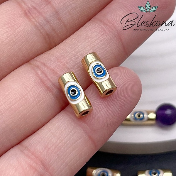 11*4,5 мм Цвет золото, Бусина цилиндр глаза голубая эмаль 