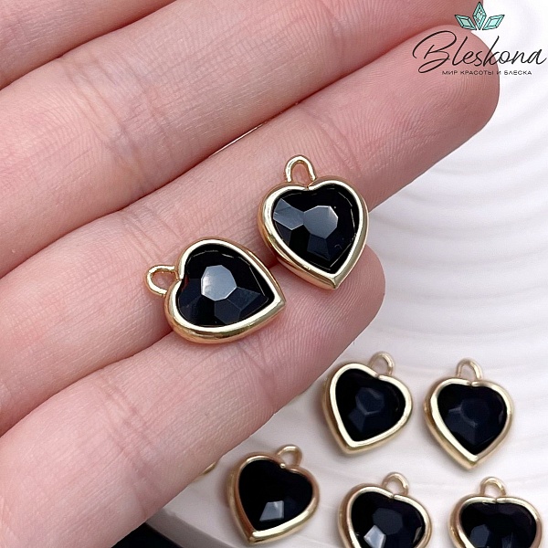 12 мм, Цвет золото, Подвеска сердце стекло черное