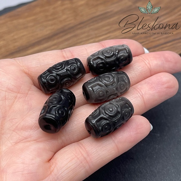 Резная Бусина Дзи 9 глаз Обсидиан серебристый 23*12,5 мм