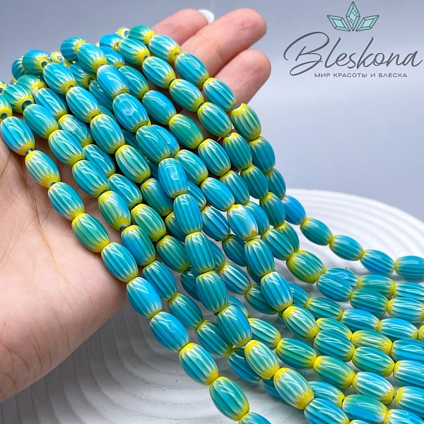 Муранское стекло бочата желто- голубые, полосы 12*8 мм