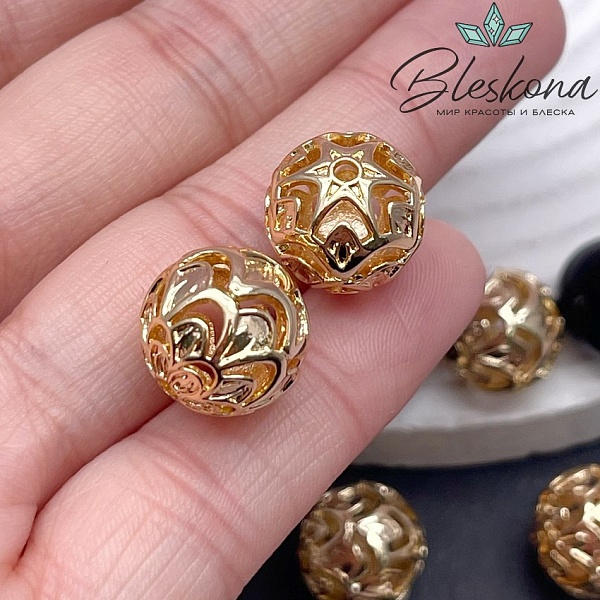 12 мм Цвет золото, Бусина шар цветок