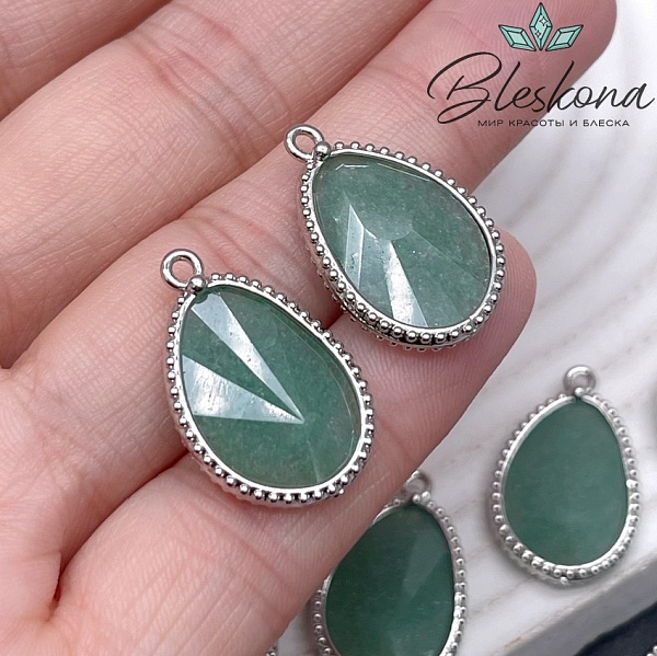 14,4*23мм, цвет серебро ,Подвеска капля Тонированный кварц зеленый