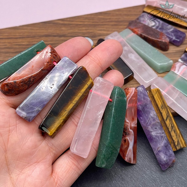 Микс бруски розовый кварц, авантюрин, сердолик, аметист, тигровый глаз (25-53)*(14-18) мм