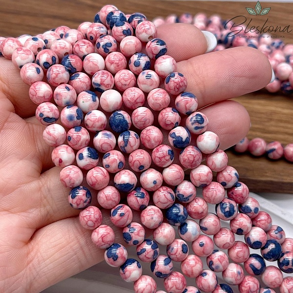 Радужный Агат бежевый сине- розовые разводы ( имитация) 8 мм