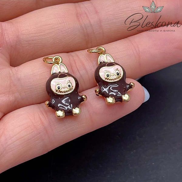 21,7*13 мм Цвет золото, Подвеска игрушка-монстрик Лабубу коричневая эмаль
