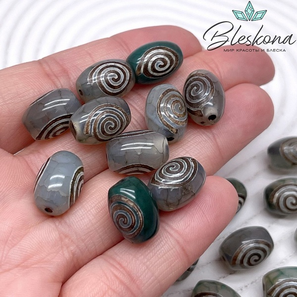 Бусина Дзи Спираль Вселенной зелено-коричневый бочонок 10*14 мм