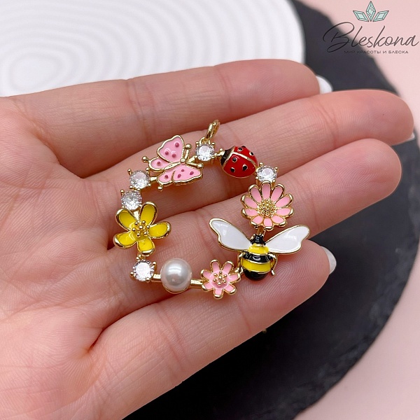 35 мм, Цвет золото, Подвеска Круг с насекомыми