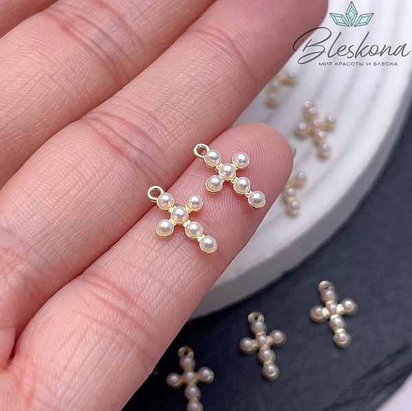 Подвеска Крест мини с имитацией жемчуга,цвет золото 6,5*10,8мм 