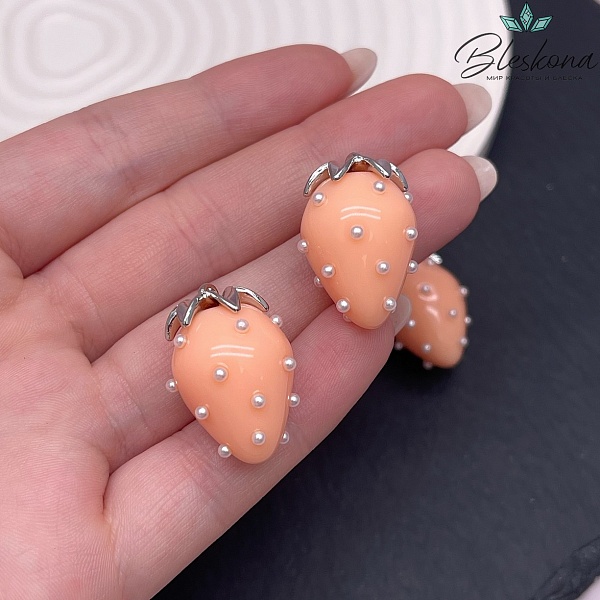 25*17 мм Цвет серебро, Подвеска клубничка оранжевая