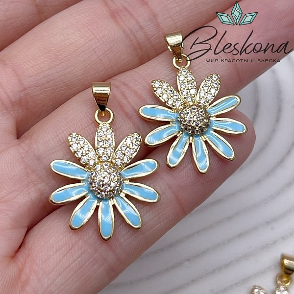 23,5*19 мм Цвет золото, Подвеска ромашка с цирконами, голубая эмаль