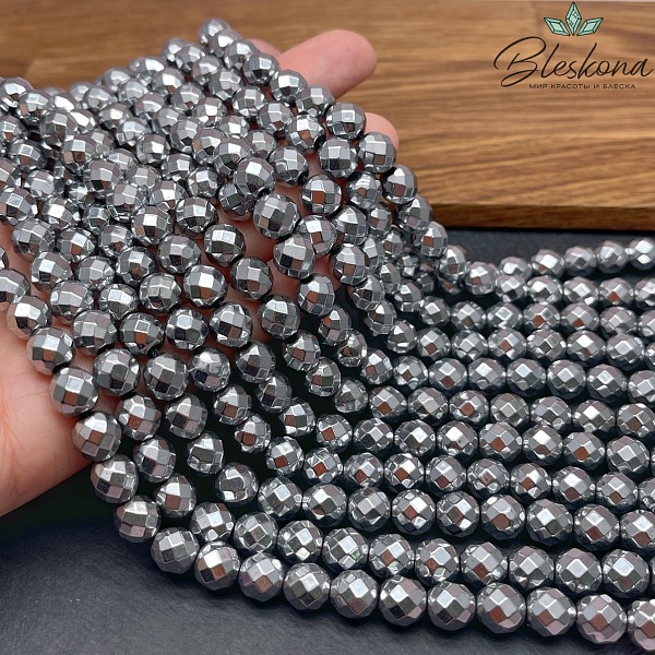 8 мм Гематин имитация огранка, цвет темное серебро