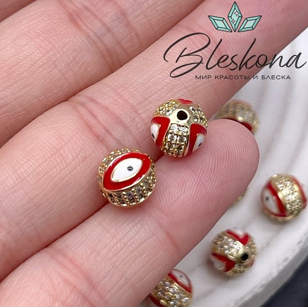 8,5 мм Цвет золото, Бусина с глазком красная эмаль
