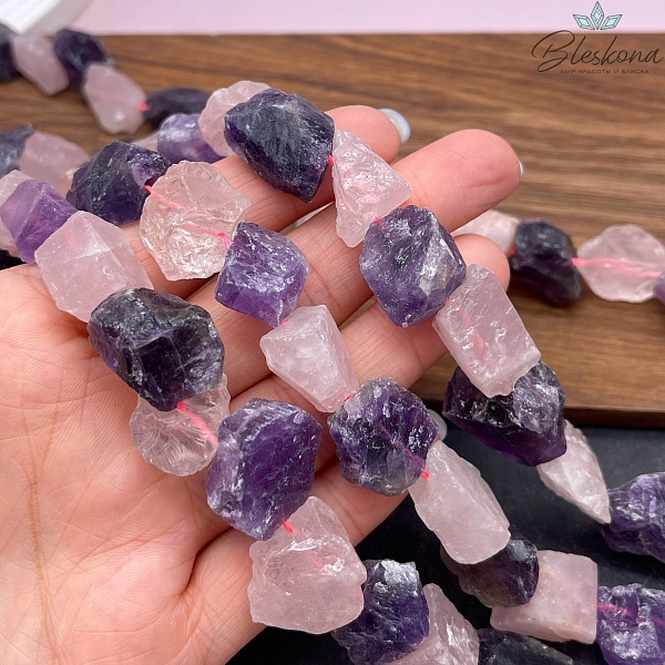 Микс куски аметист, розовый кварц (15-20)*(8-16) мм