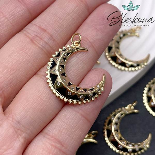 24*21 мм Цвет золото, Подвеска полумесяц с цирконами черная эмаль